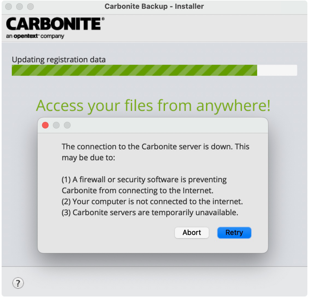 The connection to the Carbonite server is down